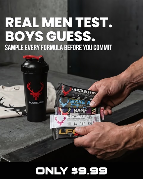 A direct-response ad featuring a hand-held selection of various pre-workout powder sticks next to a branded shaker cup, presenting a low-cost sample offer.